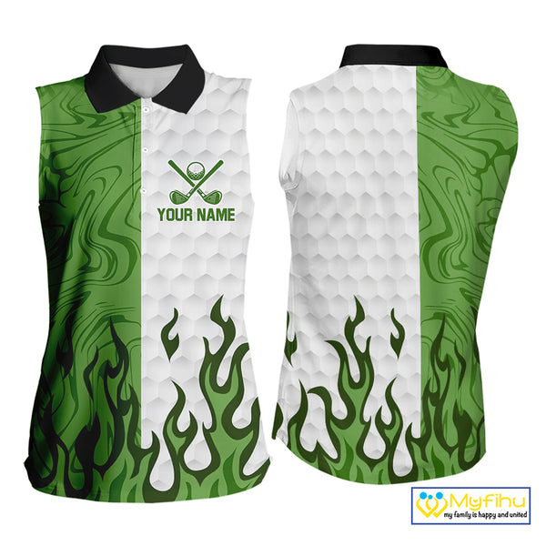 White and Green Camo Flame Women Sleeveless Golf Polo Shirt Custom golf attire for ladies golf gift NQS10710