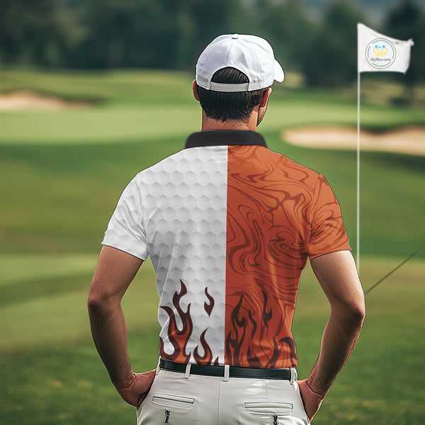 White and Orange Camo Flame Mens Golf Polo Shirt Custom golf attire for men, personalized golf gifts NQS10711