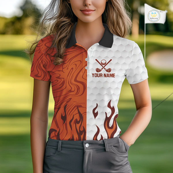 White & Orange Camo Flame Women Golf Polo Shirt Custom golf attire for ladies personalized golf gift NQS10711