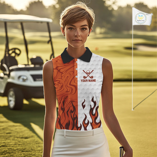 White and Orange Camo Flame Women Sleeveless Golf Polo Shirt Custom golf attire for ladies golf gift NQS10711