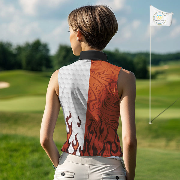 White and Orange Camo Flame Women Sleeveless Golf Polo Shirt Custom golf attire for ladies golf gift NQS10711