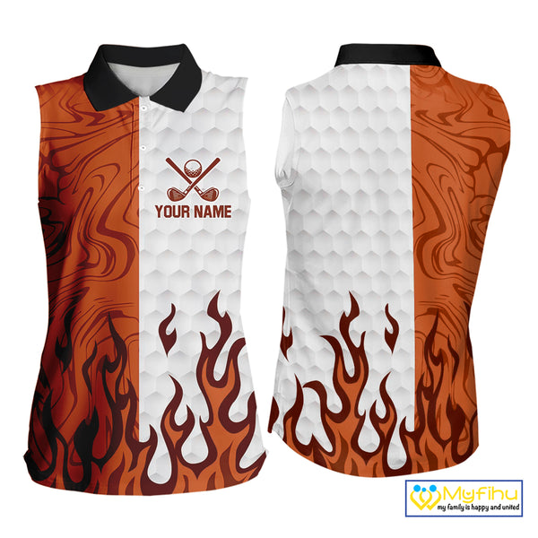 White and Orange Camo Flame Women Sleeveless Golf Polo Shirt Custom golf attire for ladies golf gift NQS10711