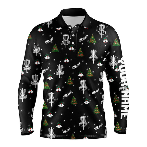 Mens golf polo shirt custom black Christmas pattern disc golf shirt for men, disc golf jerseys NQS6664