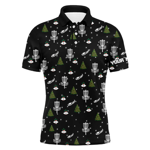 Mens golf polo shirt custom black Christmas pattern disc golf shirt for men, frisbee golf jerseys NQS6664