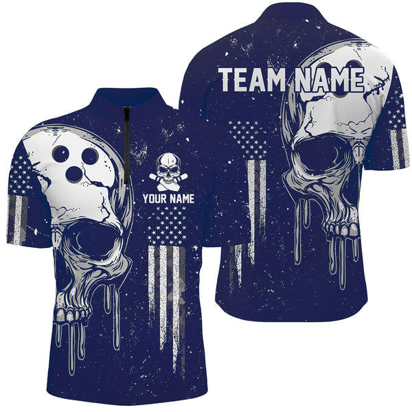 Personalized Blue and White grunge American Flag Skull Bowling Team Shirts, Patriotic Bowling Jerseys NQS9226