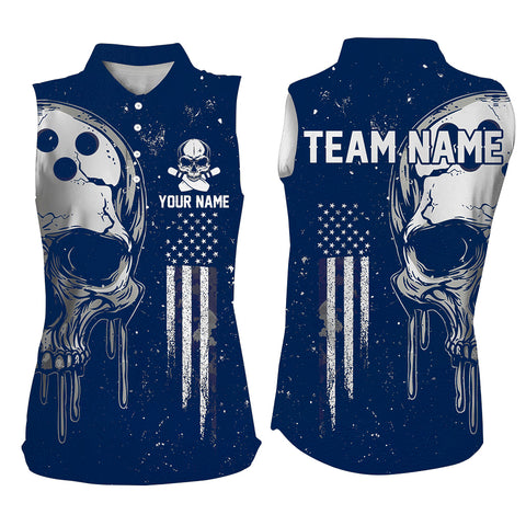 Personalized Blue & White American Flag Skull Bowling sleeveless polo Shirt, Patriotic Bowling Jersey NQS9226