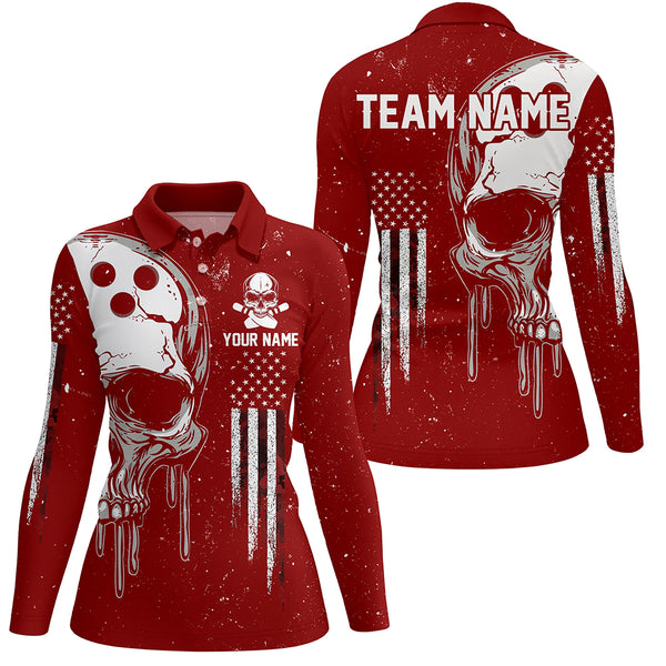 Personalized Red White grunge American Flag Skull Women Bowling Team Shirt, Patriotic Bowling Jersey NQS9227