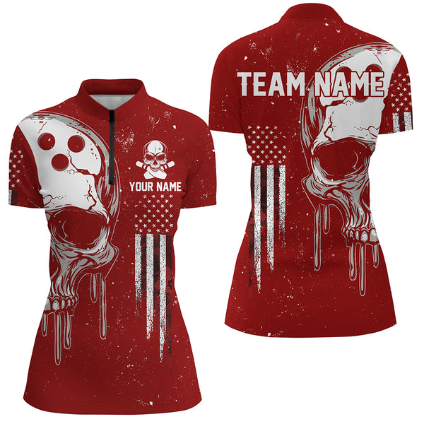 Personalized Red White grunge American Flag Skull Women Bowling Team Shirt, Patriotic Bowling Jersey NQS9227