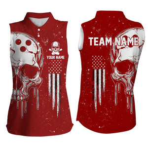 Personalized Red & White American Flag Skull Bowling sleeveless polo Shirt, Patriotic Bowling Jersey NQS9227