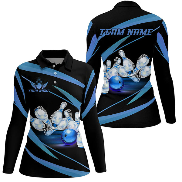 Personalized Black And Blue Bowling Shirts For Women, Custom Team Bowling League Jerseys NQS9229