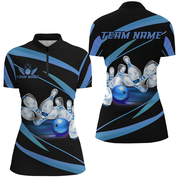 Personalized Black And Blue Bowling Shirts For Women, Custom Team Bowling League Jerseys NQS9229