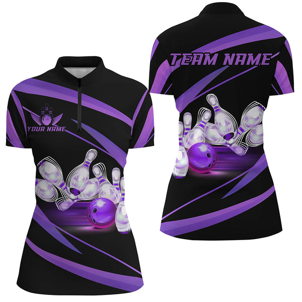 Personalized Black And Purple Bowling Shirts For Women, Custom Team Bowling League Jerseys NQS9230