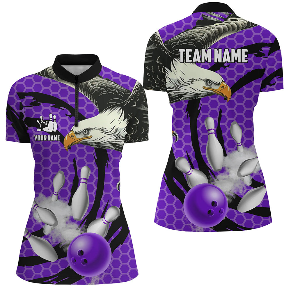 Eagle bowling ball and pins Purple camo custom Women bowling Quarter Zip Shirt, team bowling jerseys NQS7515