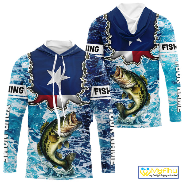 Texas Bass Fishing blue ocean camo custom Largemouth Bass long sleeves performance fishing shirts NQS9999