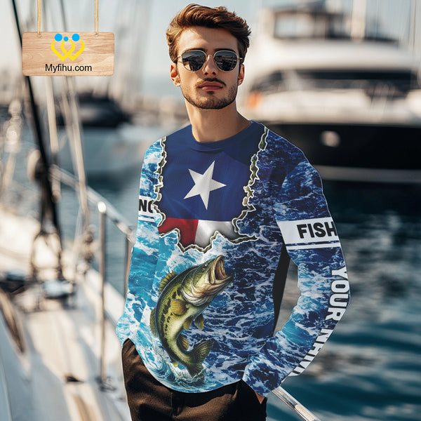 Texas Bass Fishing blue ocean camo custom Largemouth Bass long sleeves performance fishing shirts NQS9999