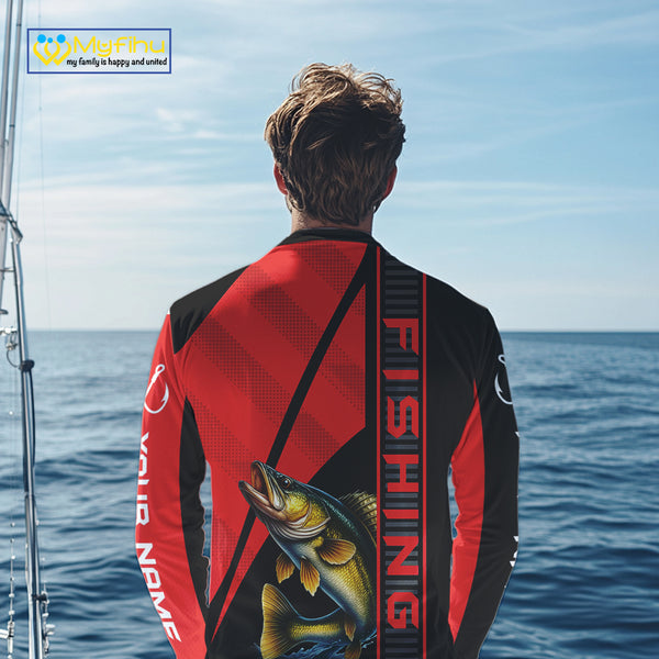 Black and red Walleye Fishing Custom UV protection Long sleeve fishing shirts For Men, Women NQS10161