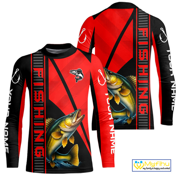Black and red Walleye Fishing Custom UV protection Long sleeve fishing shirts For Men, Women NQS10161