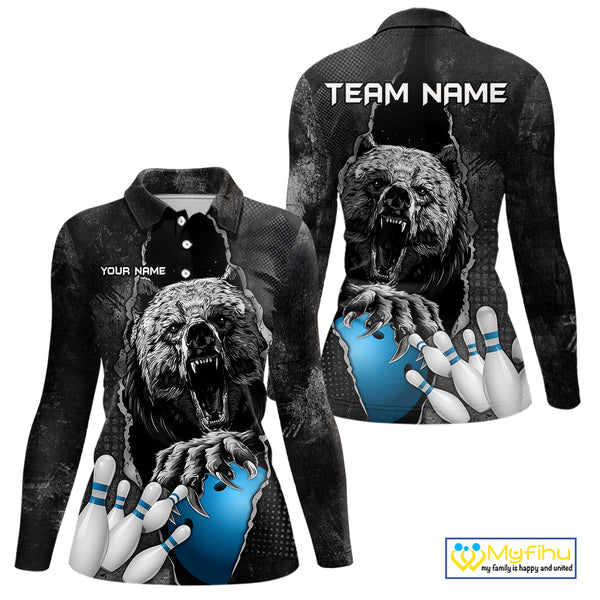 Blue and Black Bear grunge Custom Women Bowling Polo, Quarter Zip Shirts Bowling Team Jerseys Outfits NQS10166