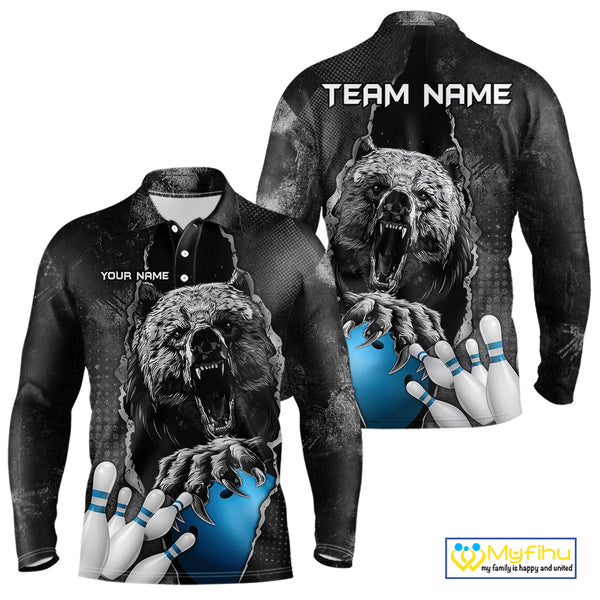 Blue and Black Bear grunge Custom Men Bowling Polo, Quarter Zip Shirts Bowling Team Jerseys Outfits NQS10166