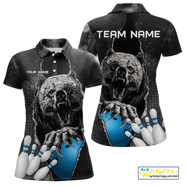 Blue and Black Bear grunge Custom Women Bowling Polo, Quarter Zip Shirts Bowling Team Jerseys Outfits NQS10166