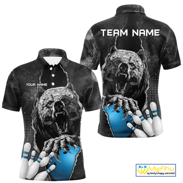 Blue and Black Bear grunge Custom Men Bowling Polo, Quarter Zip Shirts Bowling Team Jerseys Outfits NQS10166