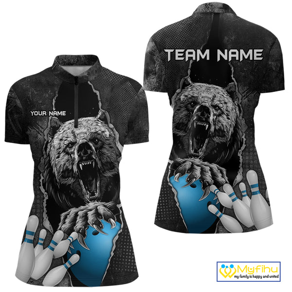 Blue and Black Bear grunge Custom Women Bowling Polo, Quarter Zip Shirts Bowling Team Jerseys Outfits NQS10166