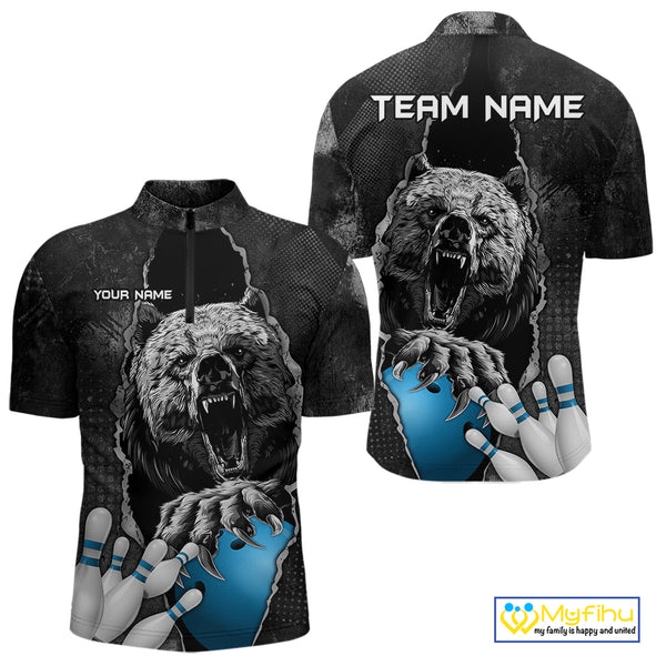 Blue and Black Bear grunge Custom Men Bowling Polo, Quarter Zip Shirts Bowling Team Jerseys Outfits NQS10166