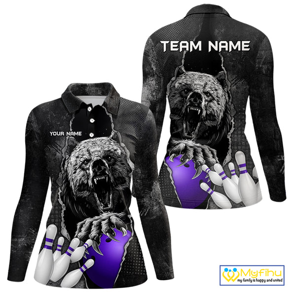 Purple and Black Bear grunge Custom Women Bowling Polo, 1/4 Zip Shirts Bowling Team Jerseys Outfits NQS10167