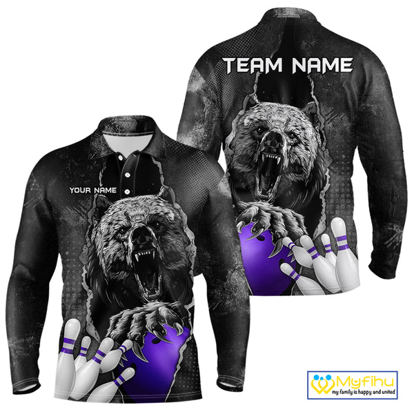 Purple and Black Bear grunge Custom Men Bowling Polo, Quarter Zip Shirts Bowling Team Jerseys Outfits NQS10167