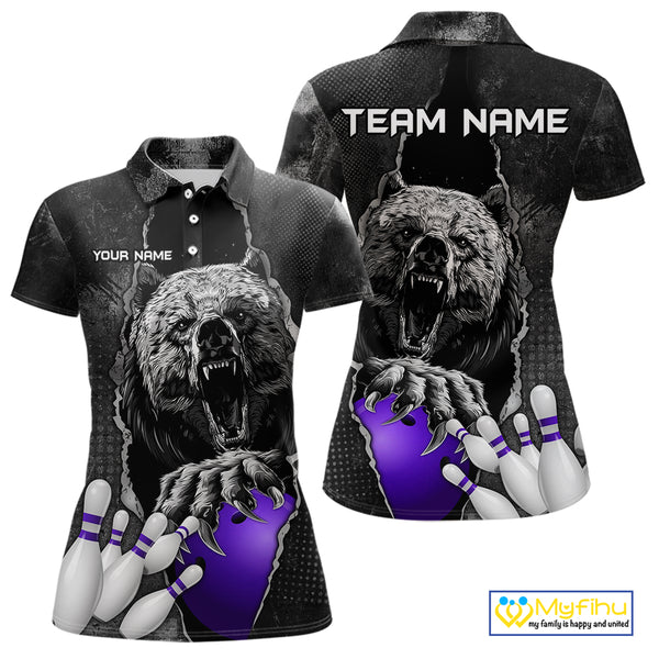 Purple and Black Bear grunge Custom Women Bowling Polo, 1/4 Zip Shirts Bowling Team Jerseys Outfits NQS10167