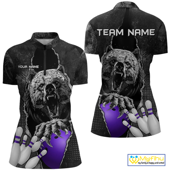 Purple and Black Bear grunge Custom Women Bowling Polo, 1/4 Zip Shirts Bowling Team Jerseys Outfits NQS10167