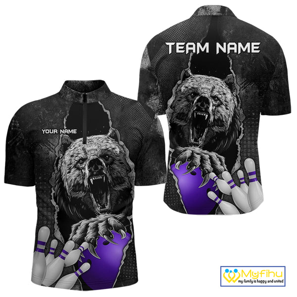 Purple and Black Bear grunge Custom Men Bowling Polo, Quarter Zip Shirts Bowling Team Jerseys Outfits NQS10167