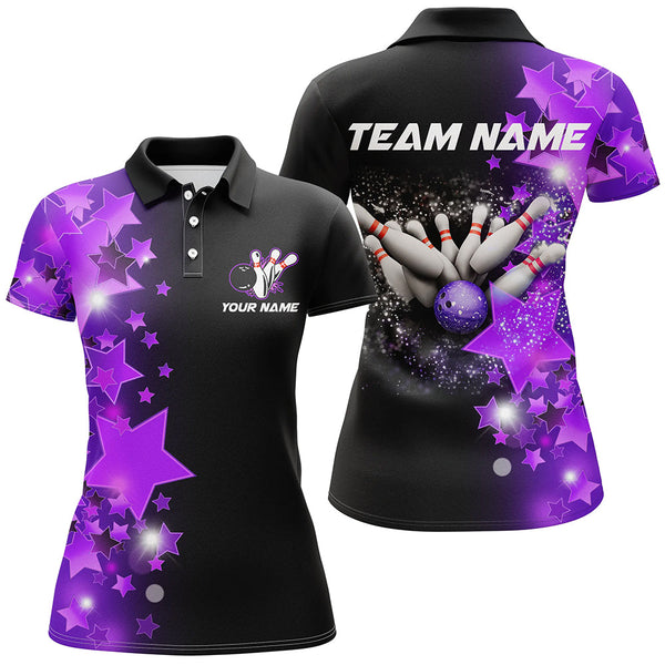 Women bowling Polo, Quarter Zip shirts Custom Purple Stars Bowling Team Bowlers Jersey NQS8527