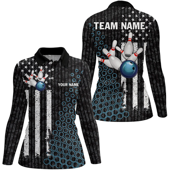 Black white American flag Women bowling Polo, Quarter Zip shirt Custom camo Bowling Team Jersey | Blue NQS8531