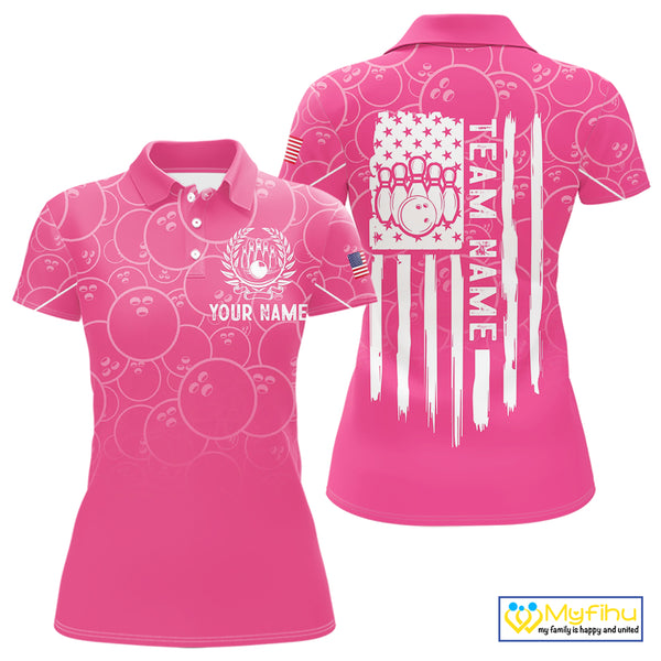 Pink bowling camo Womens bowling shirts Custom American flag patriotic bowling team league jerseys NQS10714
