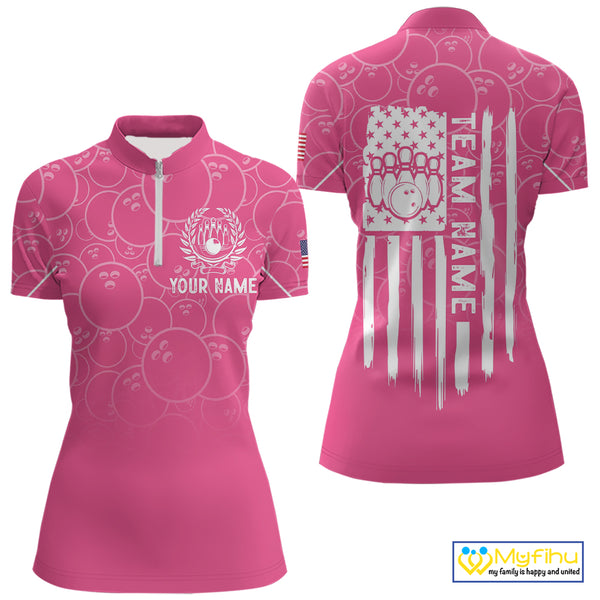 Pink bowling camo Womens bowling shirts Custom American flag patriotic bowling team league jerseys NQS10714