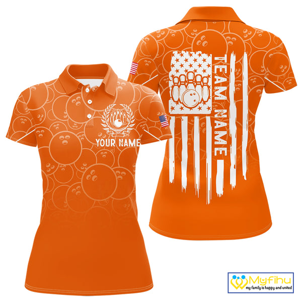 Orange bowling camo Womens bowling shirts Custom American flag patriotic bowling team league jerseys NQS10715