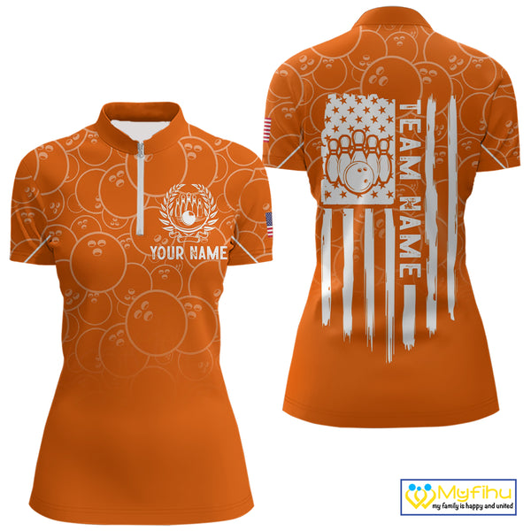 Orange bowling camo Womens bowling shirts Custom American flag patriotic bowling team league jerseys NQS10715