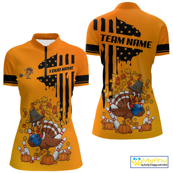 Personalized American Flag Turkey Autumn Bowling Shirts For Women, Thanksgiving Bowling Team Uniform NQS10721