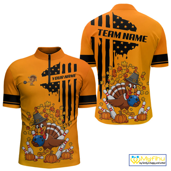 Personalized American Flag Turkey Autumn Bowling Shirts For Men, Thanksgiving Bowling Team Uniform NQS10721