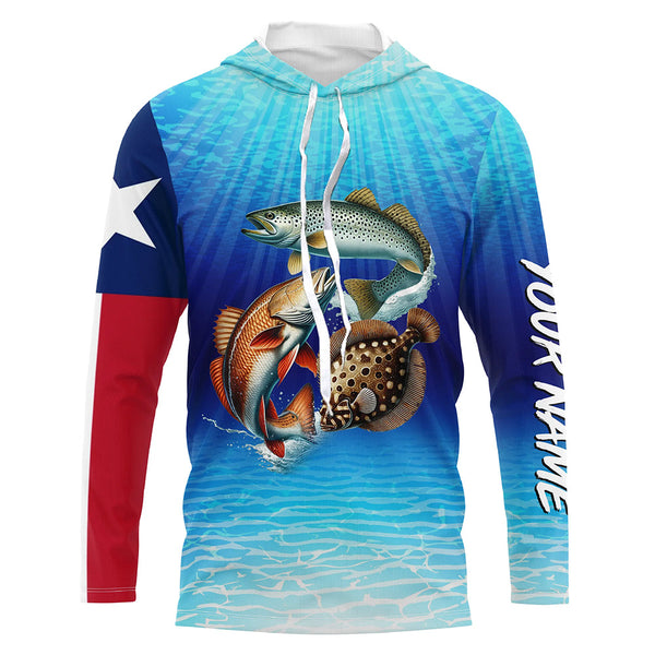 Personalized Texas Slam Redfish, trout, flounder Long Sleeve Performance Texas flag Fishing Shirt NQS6678