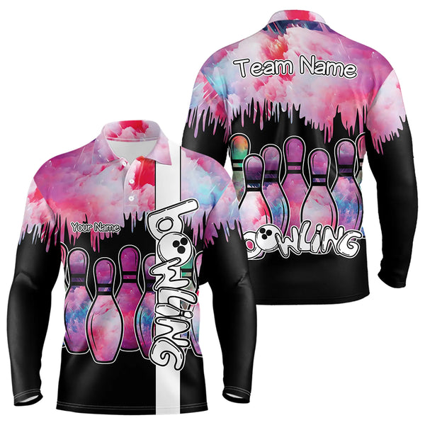 Black and Pink watercolor Bowling Polo, Quarter Zip Shirts For Men Custom Bowling Jersey Team Outfit NQS9593