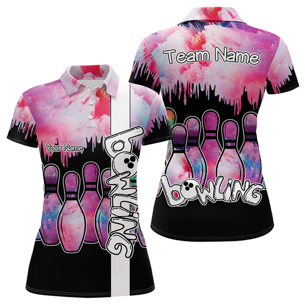 Black and Pink watercolor Bowling Polo, Quarter Zip Shirts For Women Custom Bowling Jersey Team Outfit NQS9593
