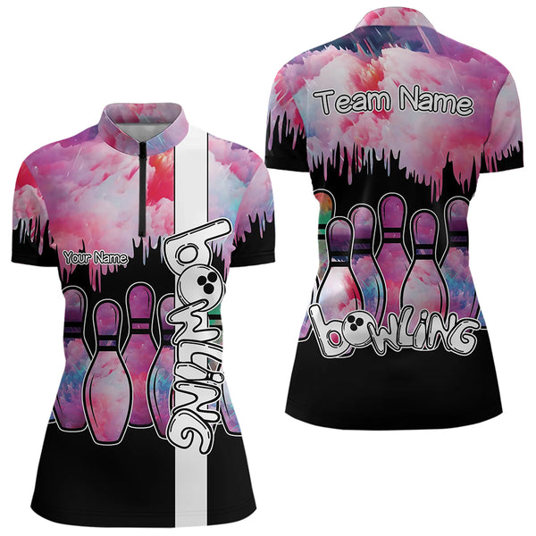 Black and Pink watercolor Bowling Polo, Quarter Zip Shirts For Women Custom Bowling Jersey Team Outfit NQS9593