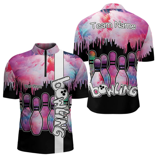 Black and Pink watercolor Bowling Polo, Quarter Zip Shirts For Men Custom Bowling Jersey Team Outfit NQS9593