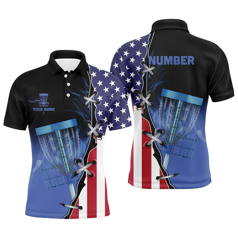 Blue flame Mens Disc golf polo shirts custom American flag disc golf jerseys, disc golf shirts NQS7330