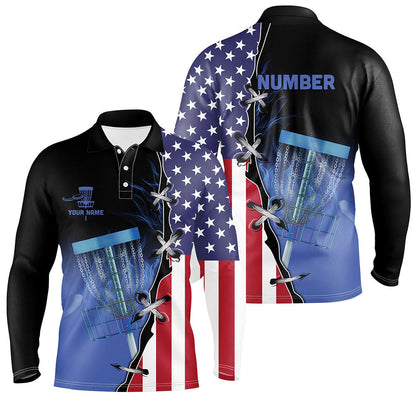 Blue flame Mens Disc golf polo shirts custom American flag disc golf jerseys, disc golf shirts NQS7330