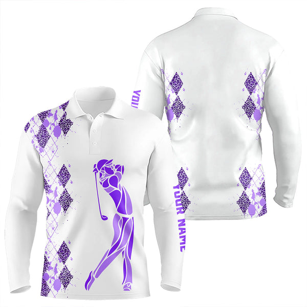 Purple Leopard argyle pattern white Men golf polo shirts custom golf wear for men, unique golf gifts NQS9737