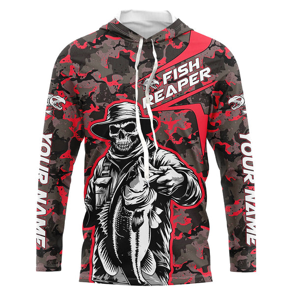 Custom Fish Reaper Skull Bass Long Sleeve Fishing Shirt, Bass Hunter Fishing Jerseys | Red Camo IPHW6506