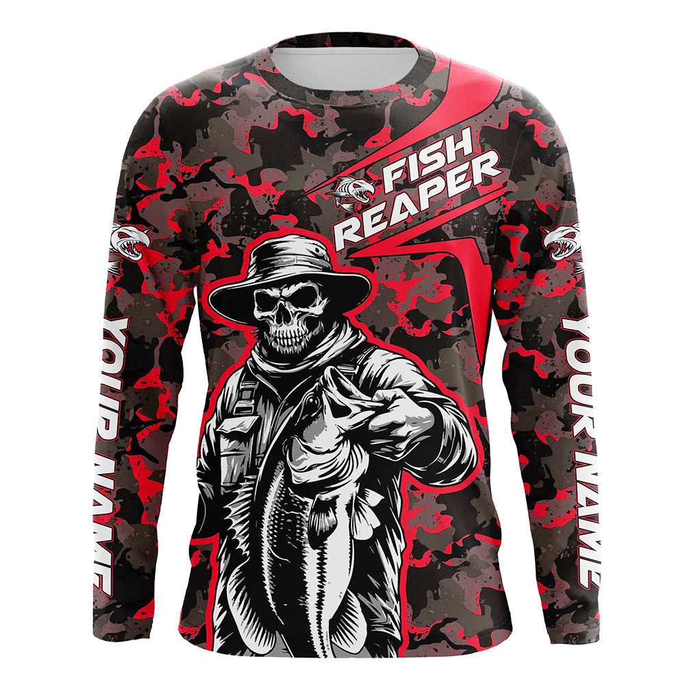 Custom Fish Reaper Skull Bass Long Sleeve Fishing Shirt, Bass Hunter Fishing Jerseys | Red Camo IPHW6506